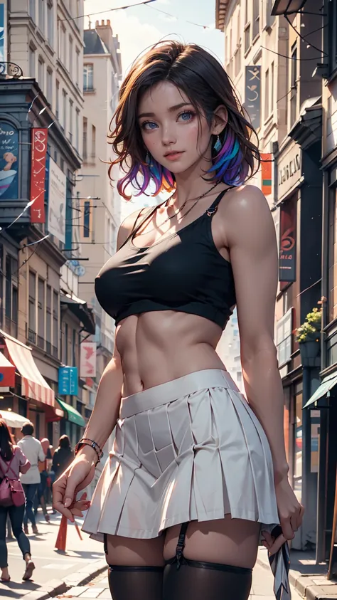 young woman standing in the city,  blur the background,  beautiful,  photorealistic、 24-year-old White Woman 、 Long Lashes、 eyeshadow、 lip gloss、 Rainbow （rainbow）Hair Color、 blue eyes、foggy skin、 Underboob Top（tiny tee underboob top）、Underboob visible、 mi...