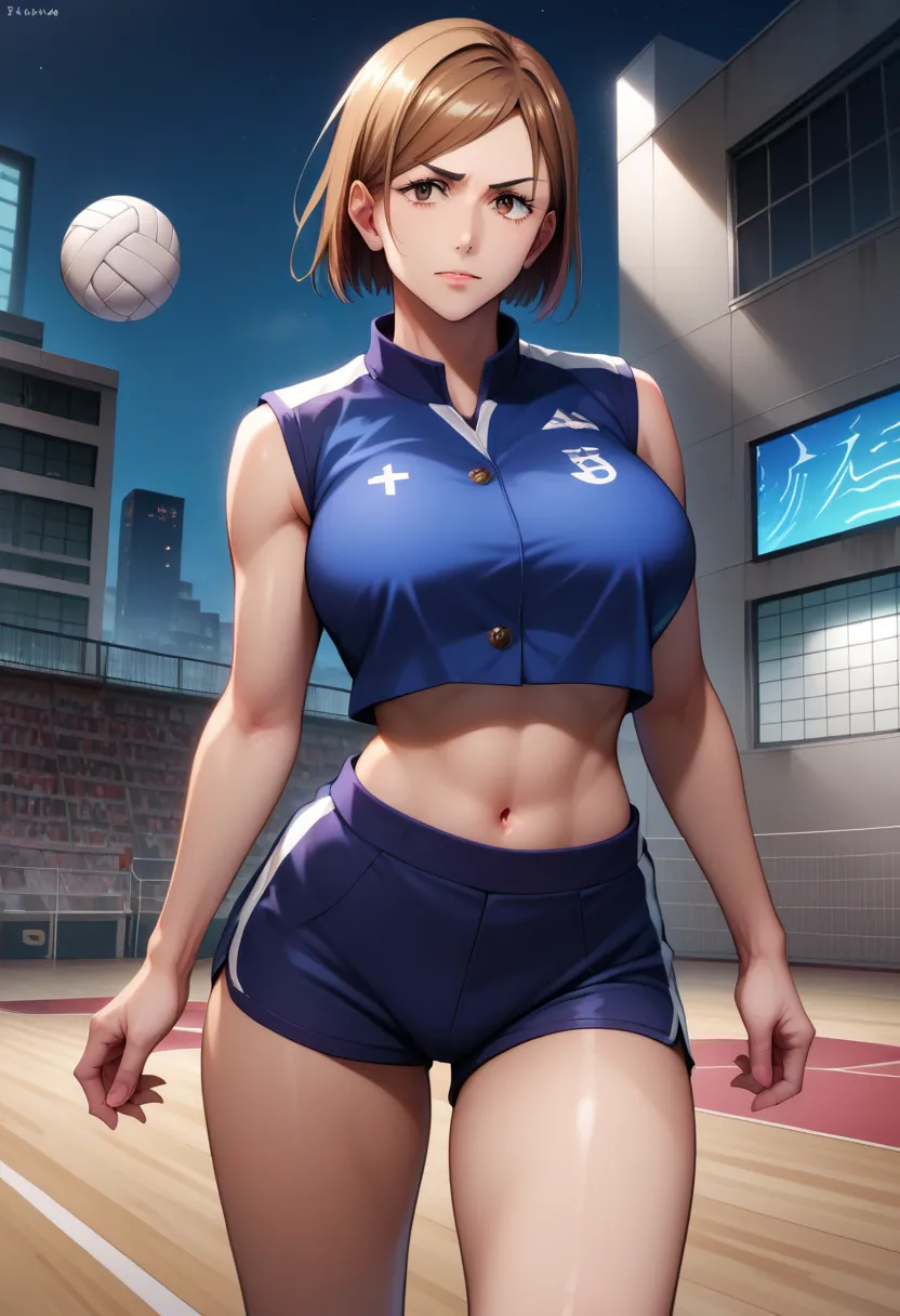 pose sensual, Volleyball court, 1 ,  alone, breasts,   looking at the viewer ,   short hair, fringe, large breasts,     brown hair ,   brown eyes,  mouth shut, night, building,   city, LingKugisaki Nobara is wearing a blue volleyball uniform, neckline, sho...