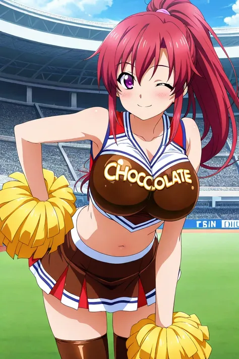 anime screencap, 1girl, solo, cowboy shot, leaning forward, (chocolate clothes:1.2), cheerleader, crop top, , midriff, navel, miniskirt, thighhighs, long hair, ponytail, large breasts, smile, one eye closed, stadium