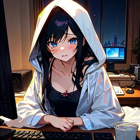 1５ year old girl、solo girl、dark room、 messy room、 black hair、 long hair、Shyness、Dead eyes、Timid、Otaku、 black camisole、white hood jacket、 hooded 、 dark room、 computer、One monitor 、 B cup、Droopy eyes、、night、 dark room、cry