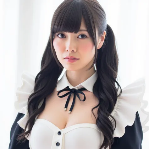   High resolution photos of young Japanese female idols in high resolution
long black hair、 black maid outfit 、twin tail
The bangs are straight、 straight hair