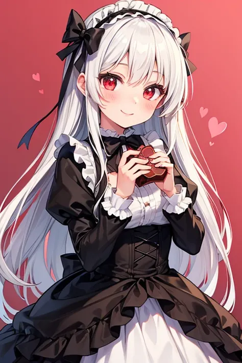  1 beautiful girl　Shows up to the waist　 White Long Hair 　 red eyes　A cheerful smile　 White and Black Gothic Lolita Outfit　 valentine　Offer the wrapped chocolate here