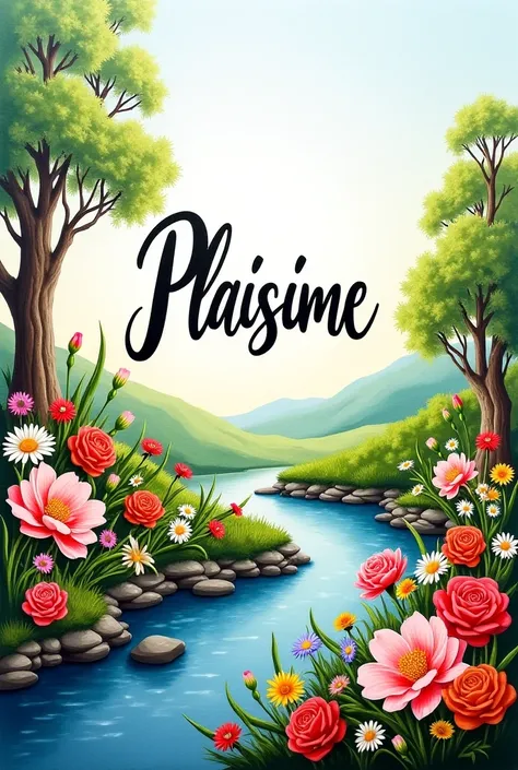 Prompt pou imaj sa a ta ka konsa:

*"A beautiful, detailed hand-painted scene featuring vibrant flowers in a lush garden with a serene landscape in the background. The word 'Plaisime' is artistically written in an elegant, flowing script, surrounded by var...