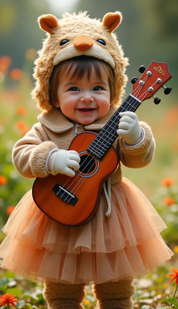   Photorealistic baby dressed in an extravagant costume , holding a ukulele while standing confidently.   Baby's gloved hands gently hold the ukulele  ,  and your expression is one of pure delight  .  A vibrant outdoor environment surrounds them  , maybe a...