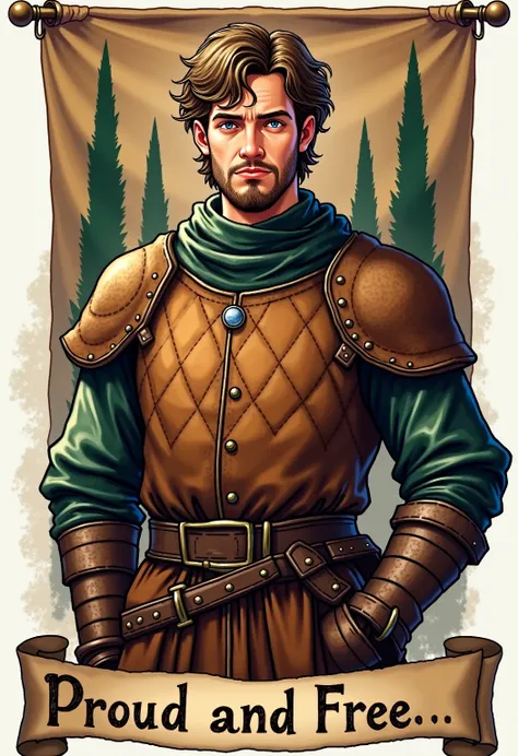 A realistic medieval fantasy portrait of a fighter. He is 20 year. He is tall, noisy and abrupt. He is described as a big, bluff, loud boy, with a thick neck. 
He wears a quilted doublet of brown and green colored wool and some armor. On the background a b...