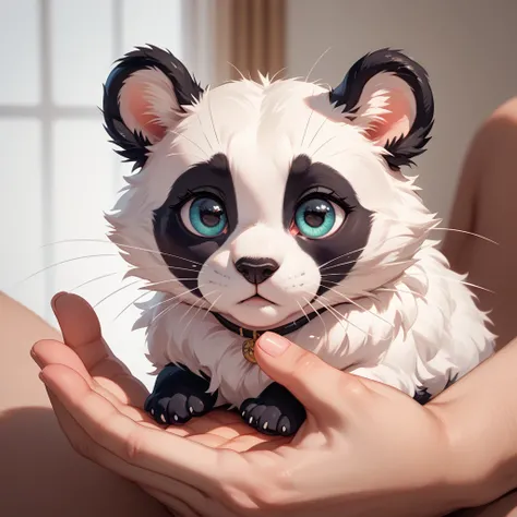 A hyper-realistic illustration of a tiny panda, small enough to sit on a human finger. The panda has soft, fluffy fur and is delicately perched on a fingertip, playfully moving its tiny paws. Its big, curious eyes are looking around, and its whiskers add a...