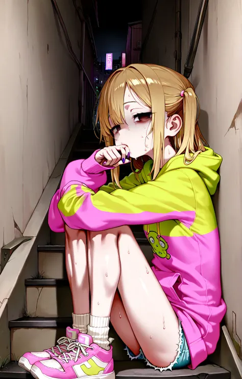 sfw,(gyaru:1.5),2+ loli_girl,brown hair,small breast,[emaciated:1.3],hungry,depressed,hoodie,Widening one’s eyes,half-closed eyes,looking at viewer,hugging own legs,sweat,suck own finger,empty eyes,leaning on wall,sit on stairway,