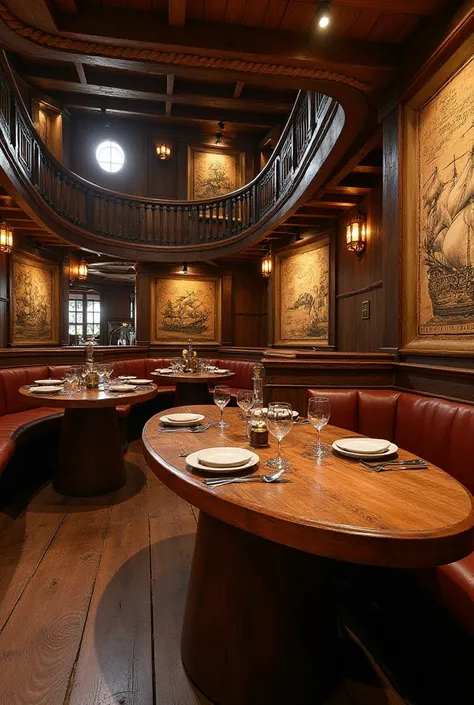 Create a pirate ship-themed restaurant lounge , with tables in the shape of a ship's rudder