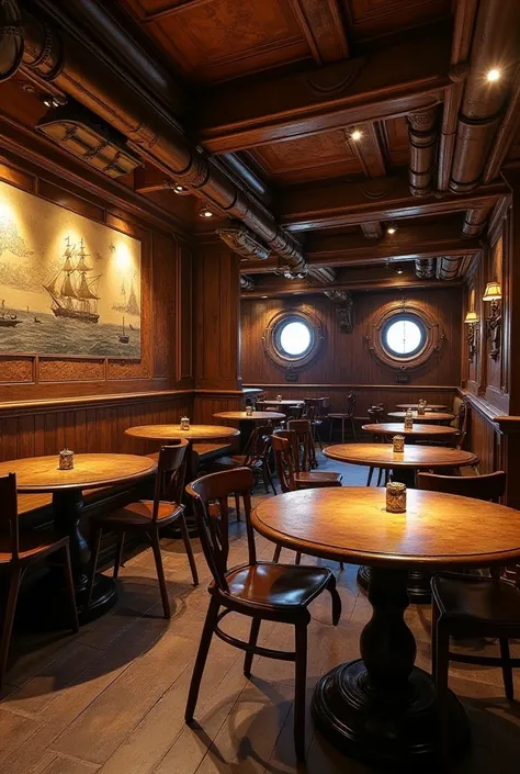 Create a pirate ship-themed restaurant lounge , with tables in the shape of a ship's rudder