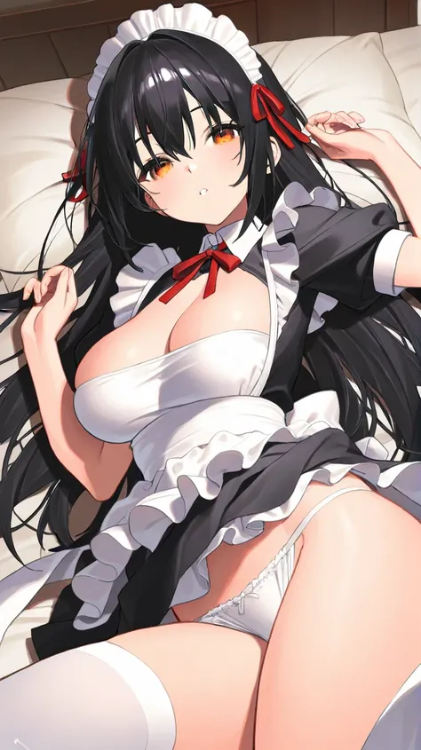 Alone、( Masterpiece,  top quality:1.2)、 maid outfit、morning、bedroom、Maid sleeping in bed、 white panties、Neat black hair、Amber Eyes、 long hair、 glossy black hair 、( top quality)、( ultra detail)、( very detailed and beautiful)、( beautiful detail eye)、 ( perfe...