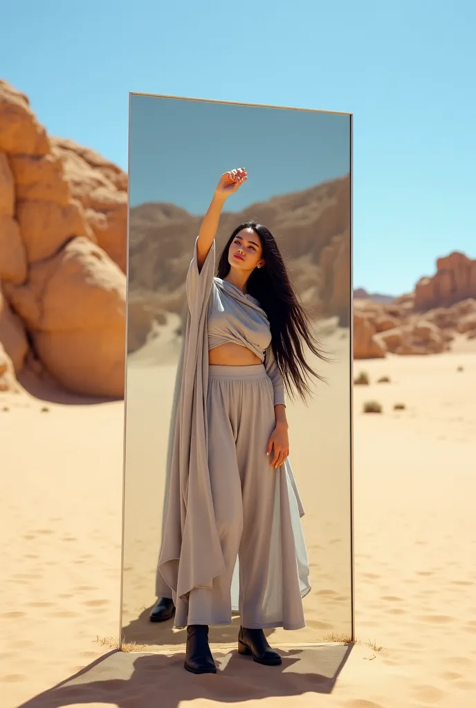 Beautiful Asian woman, 18 years.
Open chest, no buttoned shirt, Very large chest, size 45 inches,

A young woman with long, flowing black hair and fair skin poses elegantly in a vast desert landscape. She wears a light gray, draped outfit with a hooded sca...