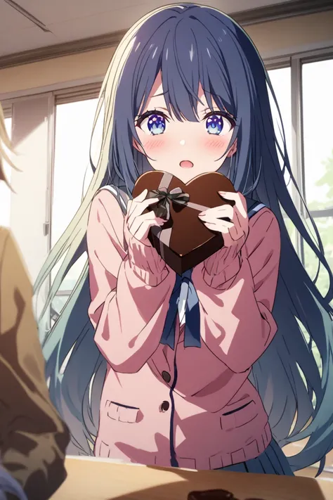 Give chocolate in the classroom on Valentine's Day, School girl with long hair