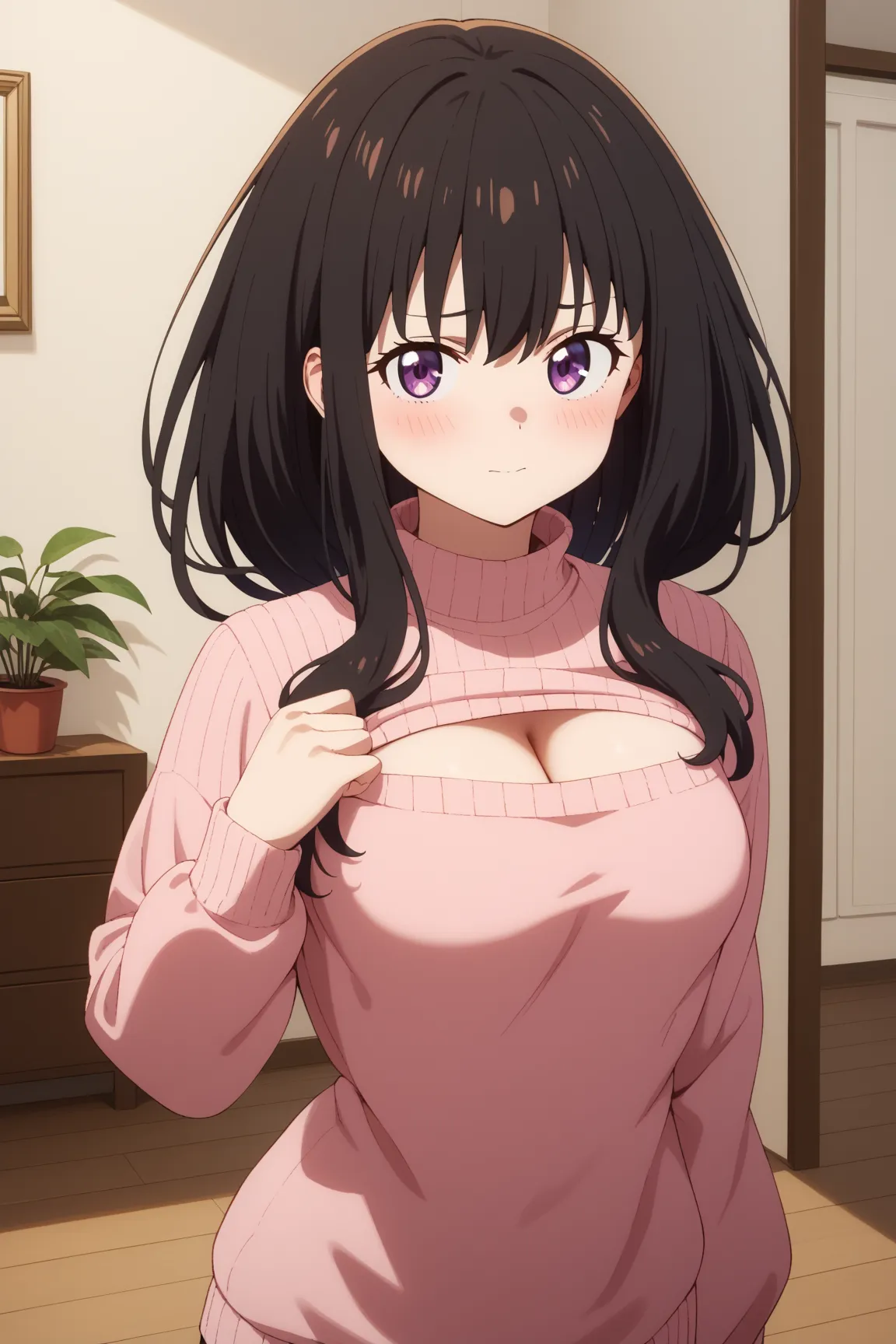 masterpiece,best quality,{{detailed beautiful face and eyes}}, very detailed background,
Inoue Takina,{{{megami magazine}}},middle hair,black hair,hair between eyes,bangs,purple eyes,medium breasts,
white sweater,cleavage cutout,
1girl,(is embarrassing,big...