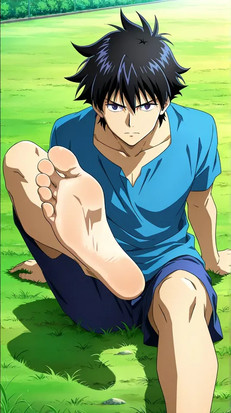 score_9, score_8_up, source_anime,
1man, He is an adult (38 years old), black hair, short spiky hair, dark eyes, , alone, looking at viewer, serious expression, standing, ANIME SCREENCAP, blue tshirt, white short, anime coloring, in a garden, barefoot, per...