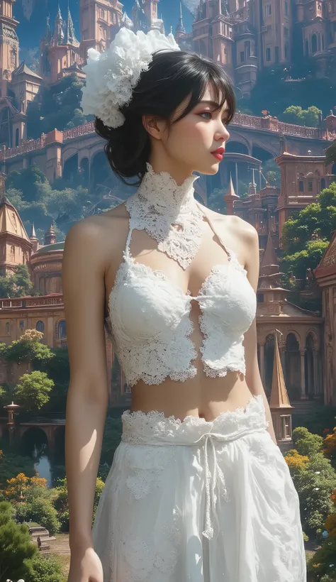 (8k,  top quality,  masterpiece ,   Final Fantasy Style : 1.2), Proximity Method, 8k,  very well detailed,  accurate,  top quality,  masterpiece,vision, Back view of an elf girl walking down the street