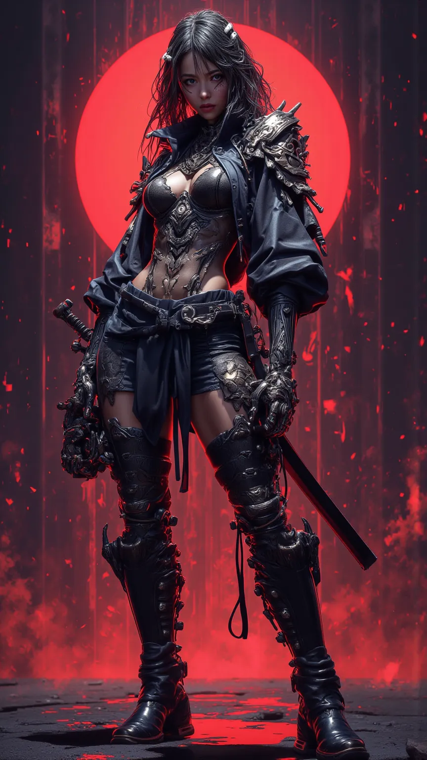  A work of art showing a charming and sultry woman ，It reflects the Japanese samurai's，Divine majesty ， Samurai appearance ， wearing leather boots ， jacket and armor ， reminiscent of a captivating dream in an 8-bit world