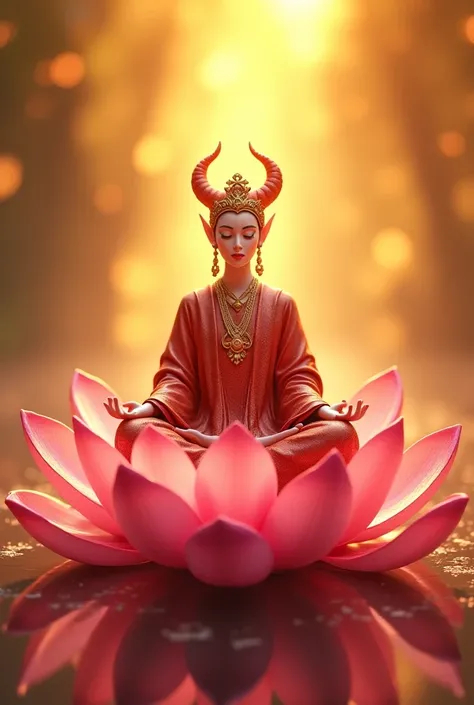 The image of the devil in beautiful costumes meditating on the pink lotus, There is a golden light all around., compassionate scene, jubilation 