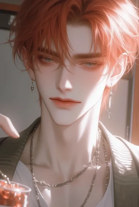 4k , 8k , (1male short red hair withoutbangs blue eyes) , ผู้ใหญ่ ,หล่อ, ชายอายุ 25 ปี, classroom environment , little smile , with light cardigan color , sunshine , novel , manhwa , handsome man , very details , perspective , good focus , hair details , v...