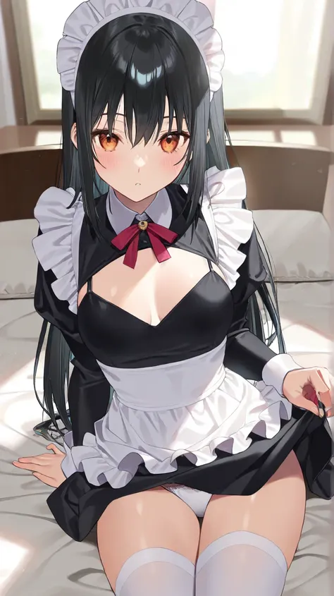 Alone、( Masterpiece,  top quality:1.2)、 maid outfit、morning、bedroom、Maid sleeping in bed、 white panties、Neat black hair、Amber Eyes、 long hair、 glossy black hair 、( top quality)、( ultra detail)、( very detailed and beautiful)、( beautiful detail eye)、 ( perfe...