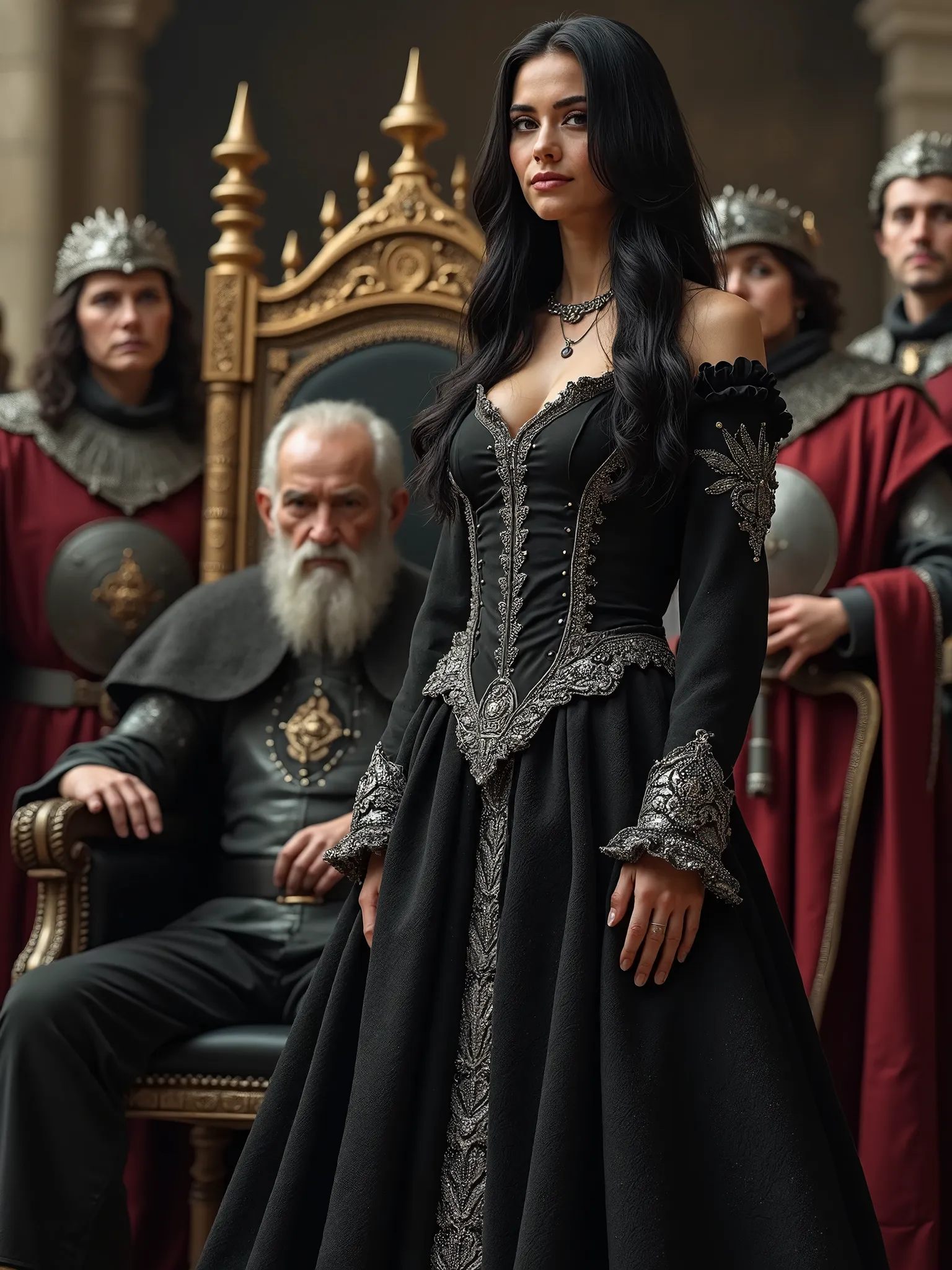 NSFW, Beautiful black-haired Caucasian woman dressed in black and silver medieval dress, 90th foot, standing next to a miniature old king dressed in Frankish fashion, the king is very old and sits on a royal throne, the king 5th foot, the woman is laughing...