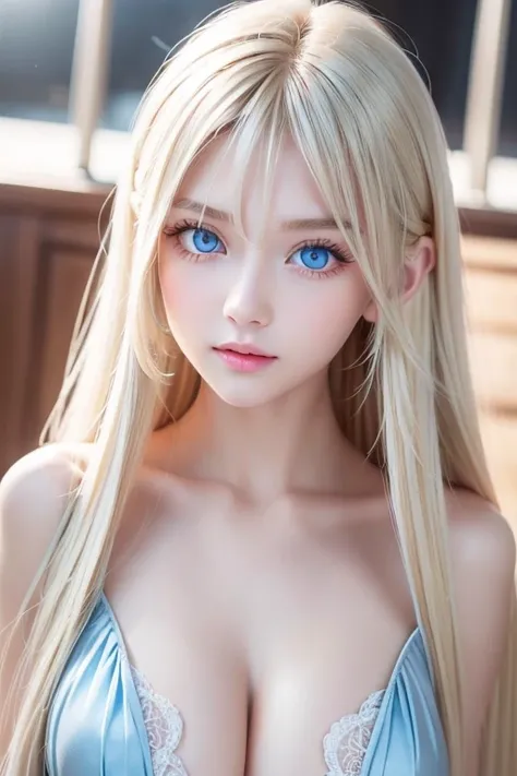  big, bright light blue eyes shine so beautifully、 very big eyes、 super long and shiny super beautiful light blond hair 、 super long straight hair、Silky Blonde、Mysterious blond shine 、 long bangs above the eyes 、 very beautiful face,  young, shiny white sk...