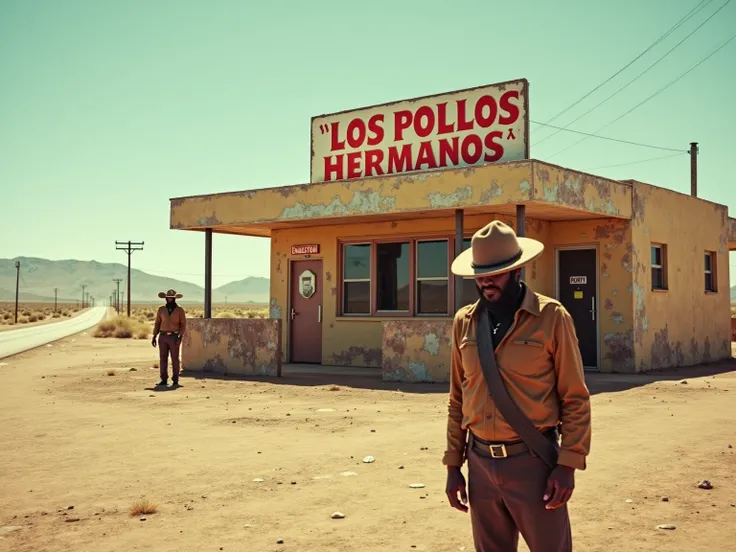 photo of an old dirty restaurant "Los Pollos Hermanos", 
mexico, desert, 2 mexican shady characters in front of the restaurant, road movie, 
bright desaturated sunlight 
--ar 3:2 --style raw --s 50