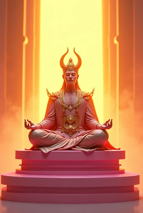 Picture of the Great Demon King wearing a beautiful costume,  is a hero, You are meditating,  compassionate face, You sit on a pink building., all around is a brilliant golden light