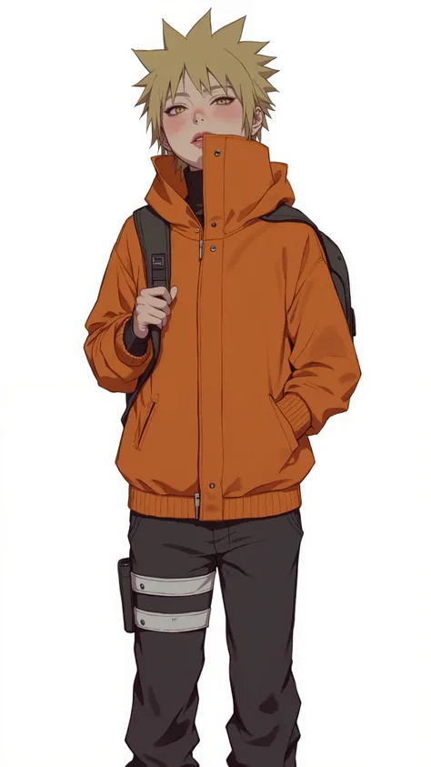  anime character holding an orange hoodie and backpack in front of a white background,  Genzoman ,  Joker as Naruto ,  anime cover , naruto  Uzumaki,  Uzumaki,  kashart kentz ,  animated art with beautiful details ,  Naruto art style ,  pretty detailed ani...