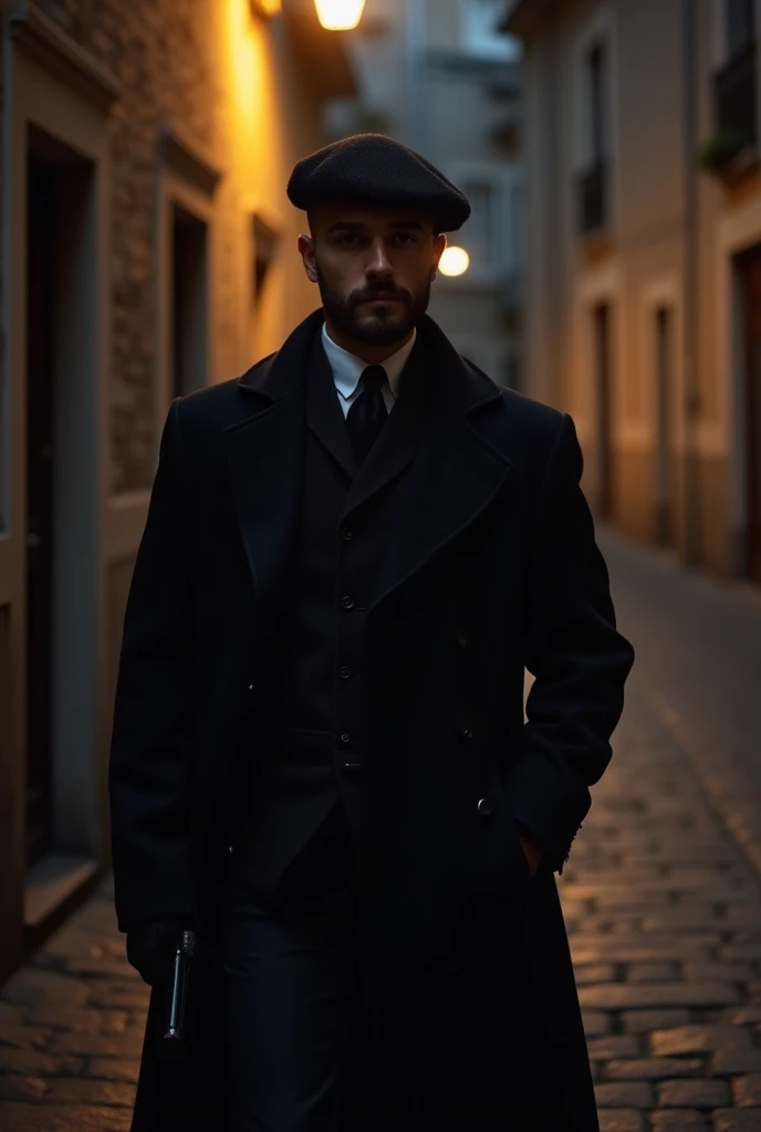 Un homme charismatique à béret se balade dans la rue avec son beau costume, The women look at him speechless by the charisma of this man, exuding darkness in these clothes where we can see a Colt 1911 pistol wearing a beret and not a hat.,il fait nuit dans...