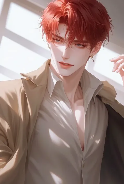 4k , 8k , (1male short red hair withoutbangs blue eyes) , ผู้ใหญ่ ,หล่อ, ชายอายุ 25 ปี, classroom environment , little smile , with light cardigan color , sunshine , novel , manhwa , handsome man , very details , perspective , good focus , hair details , v...