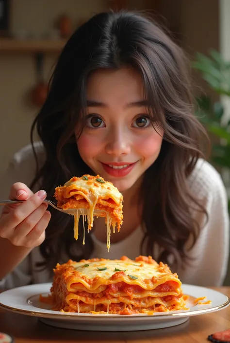 Picture of a young woman with black hair eating lasagna in a mischievous way