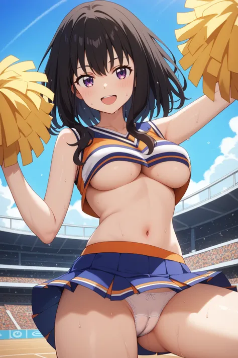 masterpiece,best quality,{{detailed beautiful face and eyes}}, very detailed background,
Inoue Takina,{{{megami magazine}}},middle hair,black hair,hair between eyes,bangs,purple eyes,medium breasts,
(cheerleader:1.3), (pleated skirt:1.3),(stripe crop top:1...