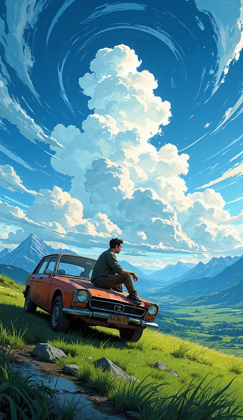 A man, lost in thought, sits on the hood of his weathered car, parked on a windswept hilltop. The sky is a masterpiece of swirling clouds, each with intricate details. Lush green meadows and distant mountains complete the idyllic scene. Detailed clouds, vi...