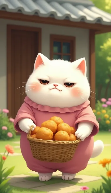 "A chubby, fluffy white male cat with a round belly and a slightly grumpy yet adorable expression. He wears a modest pink house dress with short sleeves and a soft, flowing fabric that looks a bit too snug on him. His ears are slightly tilted back, and his...