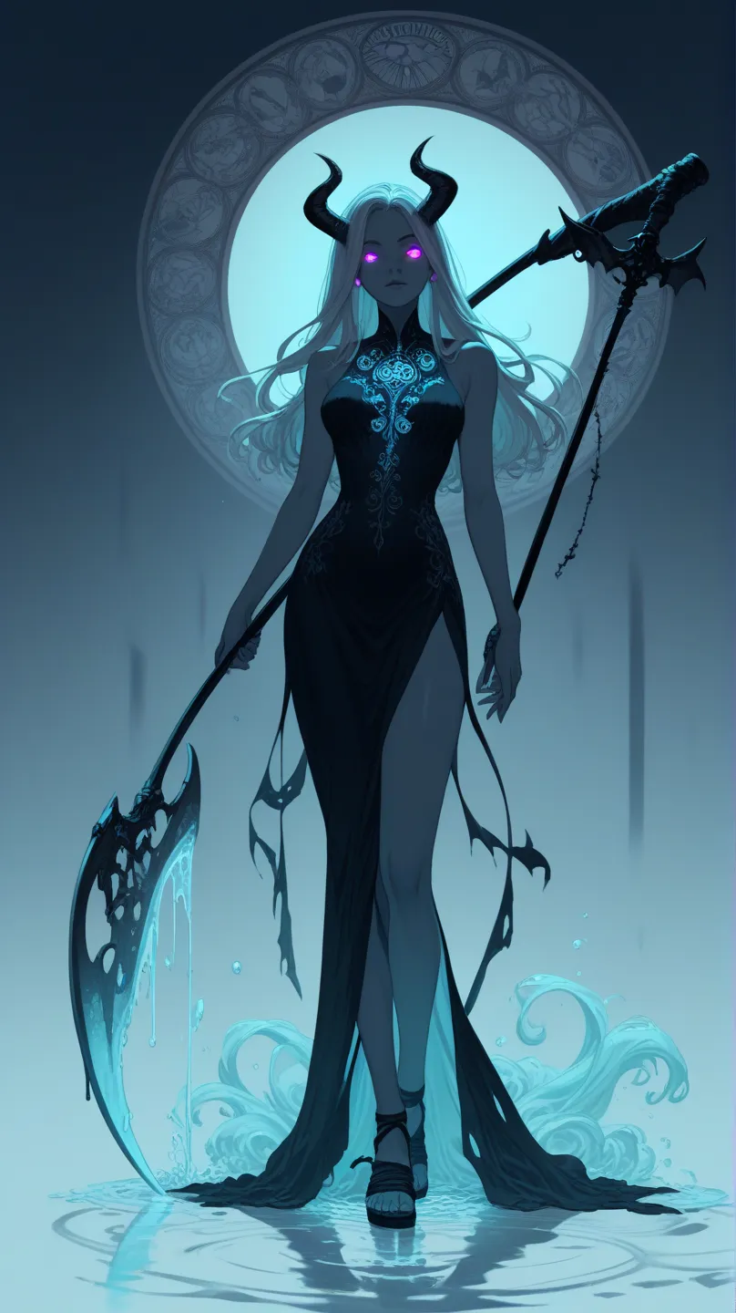 (limited palette:neon blue and violet ),sexy zombie, black woman, Scythe in hand, devil horns \(large\), highly detailed,returning from the dead, glowing eyes, light flowing in and out of her body, flowing glowing water, metal,wearing sandals, art nouveau