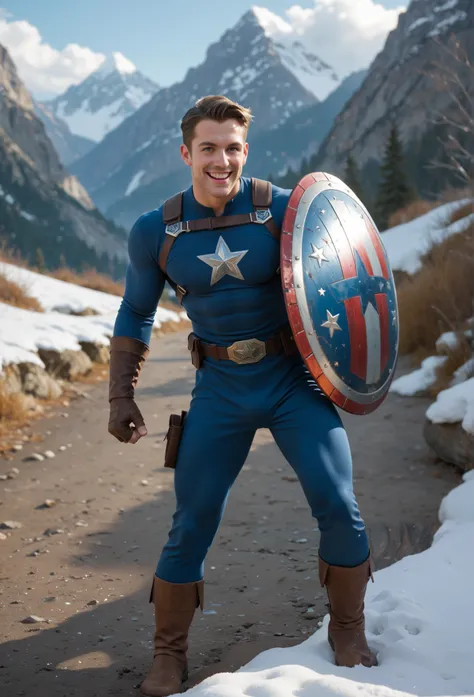 I want Captain America gliding through the snow with his very realistic shield in the background there is a realistic mountain he is unmasked with his costume he is happy 