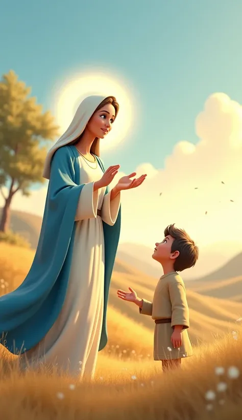 "Create a 3D cartoon-style image of the Virgin Mary and a young boy in a serene outdoor setting where the wind is gently blowing. The Virgin Mary is standing gracefully, dressed in flowing blue and white robes that sway softly in the breeze. She has a calm...