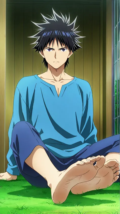 score_9, score_8_up, source_anime,
1man, He is an adult (38 years old), black hair, short spiky hair, dark eyes, , alone, looking at viewer, serious expression, standing, ANIME SCREENCAP, blue tshirt, white short, anime coloring, in a garden, barefoot, per...