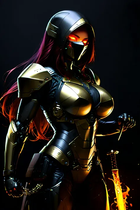 (masterpiece:1.2, Best Quality,High resolution,Very detailedな),8k,wallpaper,(Very detailed),,1 female,red very long Hair, big breast,(Black Ninja Robot Armor),(A worn brass costume with signs of battle),(Dark background:2.0),(Detailed face:1.3),(Detailed b...