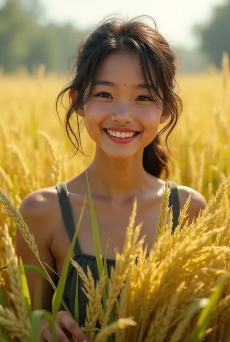 Beautiful girl farmer's  reaping rice, beautiful smiling big eyes