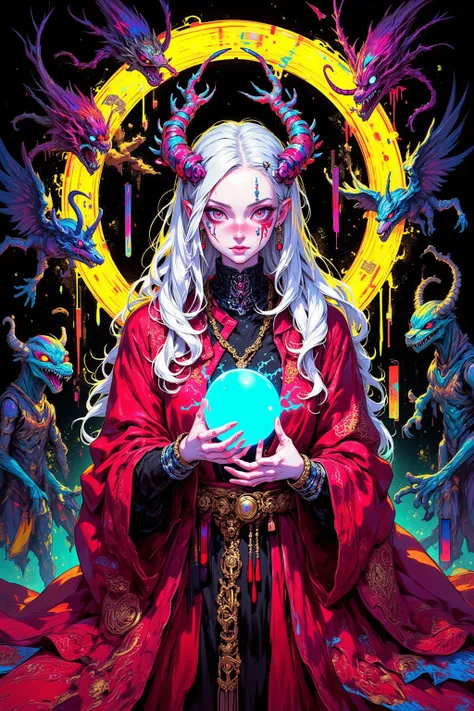    A Woman Using Demons , Long white hair, Strange Eyes （ black eyes),  Crimson Robe Embroidered or Patterned by the Magic Circle , Metallic Accessory （ Rings and Necklaces ）, Sharp Claws, Partially Demonized Body （Horns and Wings ）, unrealistic, grimoire、...