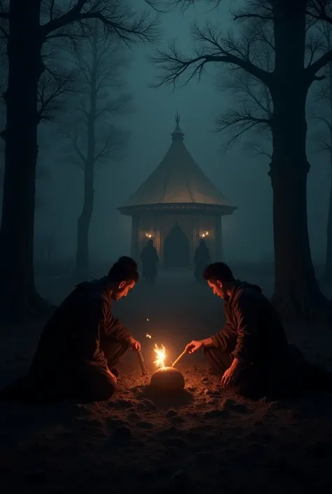 Prompt: "A mysterious historical scene depicting Ottoman soldiers in the 16th century secretly burying a heart in a secluded forest near a fortress. The atmosphere is dark and misty, with torches casting eerie shadows. In the background, the silhouette of ...