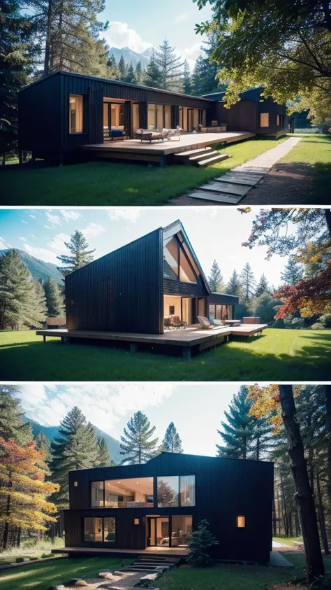 a black  house in the forest s with a lot of windows, minimalistic  house in the forest , modern  house in the forest ,  house in the forest ,  house in the forest ,  built in the forest by the lake , Mixed with Rivendell, Sloping site ,  house in the fore...