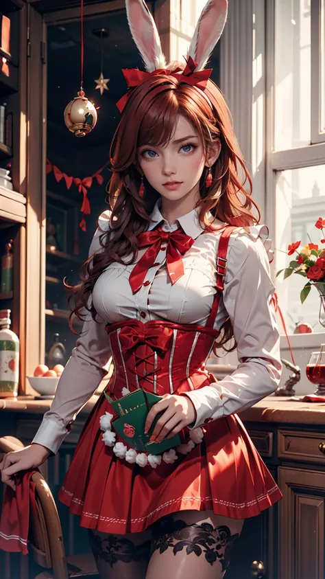  ridiculous,  top quality,  1 girl, Alone,  red hair,  purple eyes,  long hair,  big, Oh Bunny,  Rabbit Ears,  Red Corset , School uniform,  apron,  red ribbon,  red skirt, hair bow,  short sleeve,  wrist cuffs ,   white thigh  , Jingle Bells