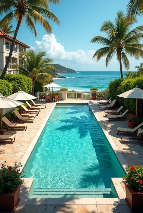 Create a pool in a backyard of an inn overlooking the beach 