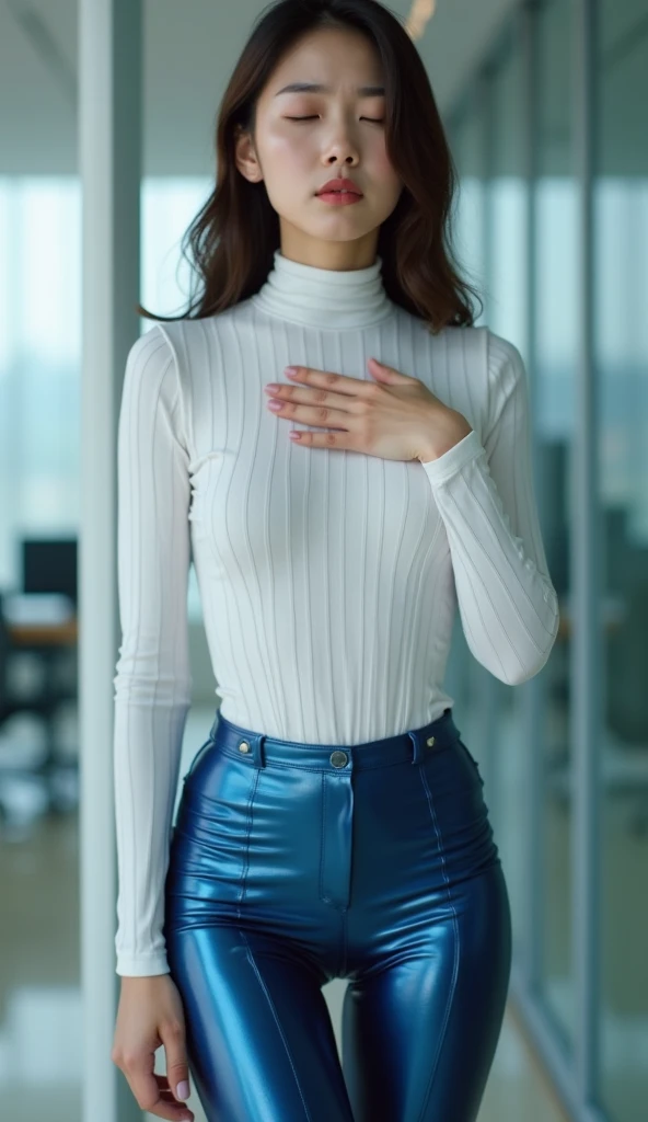 A beautiful korean girl, facial expression of pain with closed eyes, one hand hit the chest, full body stand up position, in office room, white skin-tight long-sleved neck with line textures, metallic blue glossy shiny spandex leggings with belt loops, ski...