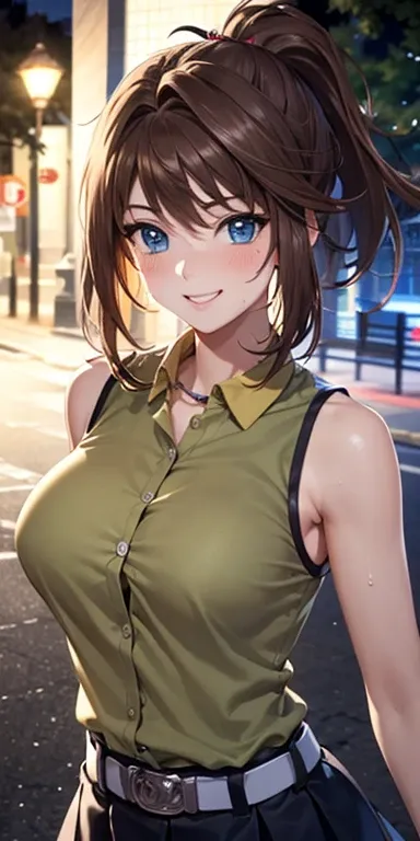  1 female, high definition, High resolution ,  ultra-realistic  ,8K, 8K, bbmazaki ,  ponytail ,  hair cap, blue eyes, yellow shirt, collar,  sleeveless , bracelet,  belt, falda rosa,  Skinny skirt ,  miniskirt,European,sexy, close up of the upper body ,  p...