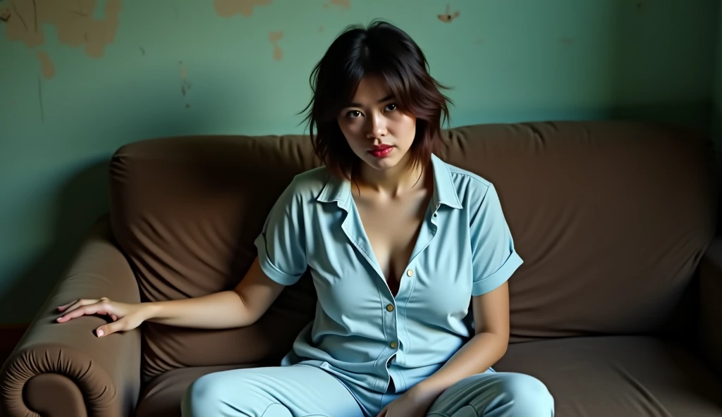 photography, professional photo, beautiful 30 year old woman, from Malaysia, gloomy face, telling a story, short messy shoulder length hair, wearing light blue pajamas, white button up, sexy, big breasts, big boobs, wearing flip flops, sitting in a sexy po...