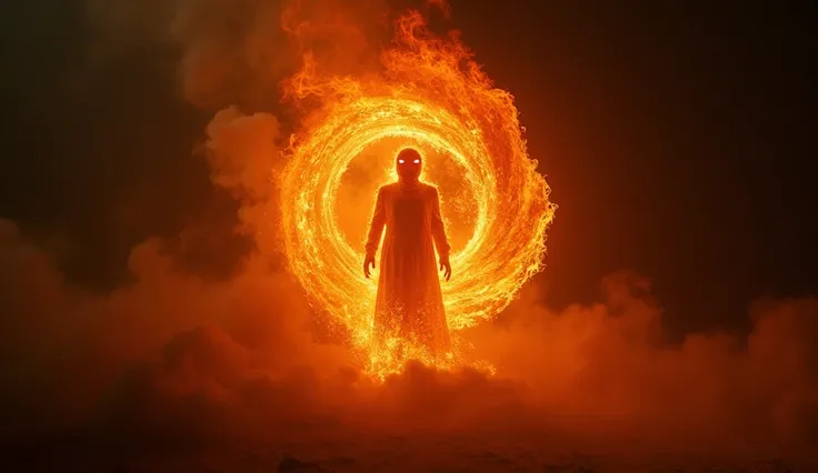 swirling vortex of fire and smoke in a dark void, forming into a humanoid figure made of flames. The entity has glowing red eyes and a powerful, mysterious presence. The scene represents the creation of Jinn from smokeless fire, as mentioned in Islamic tea...