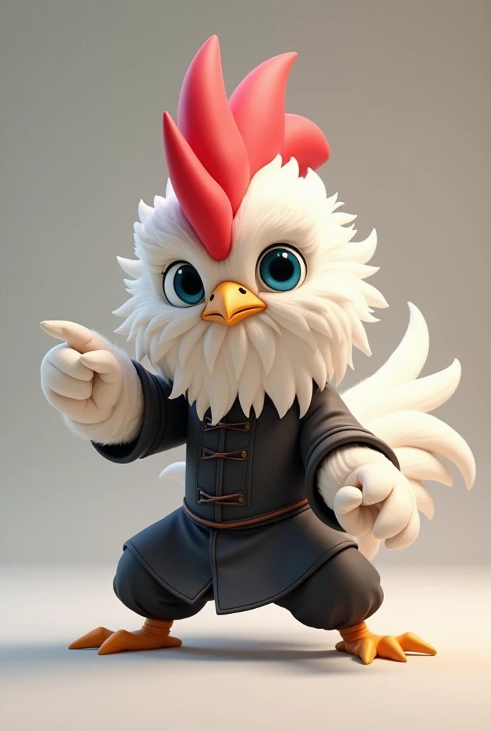 Chibi-style fantasy rooster with a strong and powerful presence. Wing-Chun pose. rooster with a large head and small, semi-realistic, creating a high-quality, game-like aesthetic. White thick fur, voluminous, and flowing, designed with dynamic motion and s...